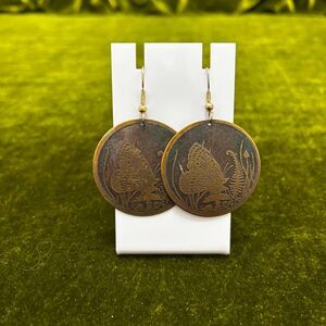 Bronze/Coppery Toned Metal Disc Butterfly Fern Etched Pendant Earrings